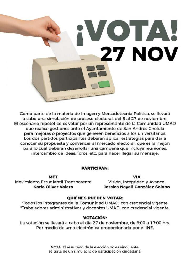 Mano introduciendo una boleta en una urna electrónica junto al texto “¡VOTA! 27 NOV” sobre fondo blanco y texto sobre el simulacro electoral en la Universidad Madero