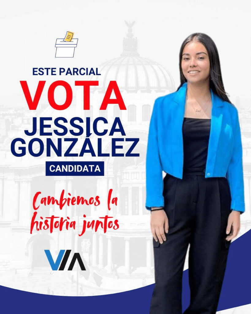 Cartel con la imagen de Jessica González, candidata del Partido VIA, acompañado del texto “Vota Jessica González” y el lema “Cambiemos la historia juntos”.